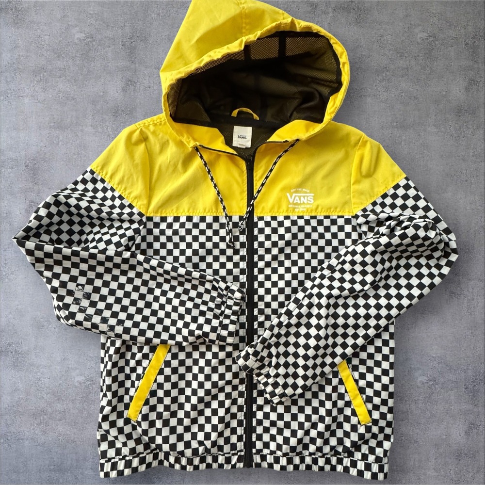 Vans Checkerboard Windbreaker Women's Large Yellow Black Hooded Jacket Skate